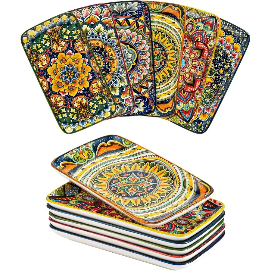 

8 Inch Porcelain Rectangular Dessert Plates Set of 6 for Bohemian Style Dining Ideal for Sushi Appetizers Cake and Sashimi Serv