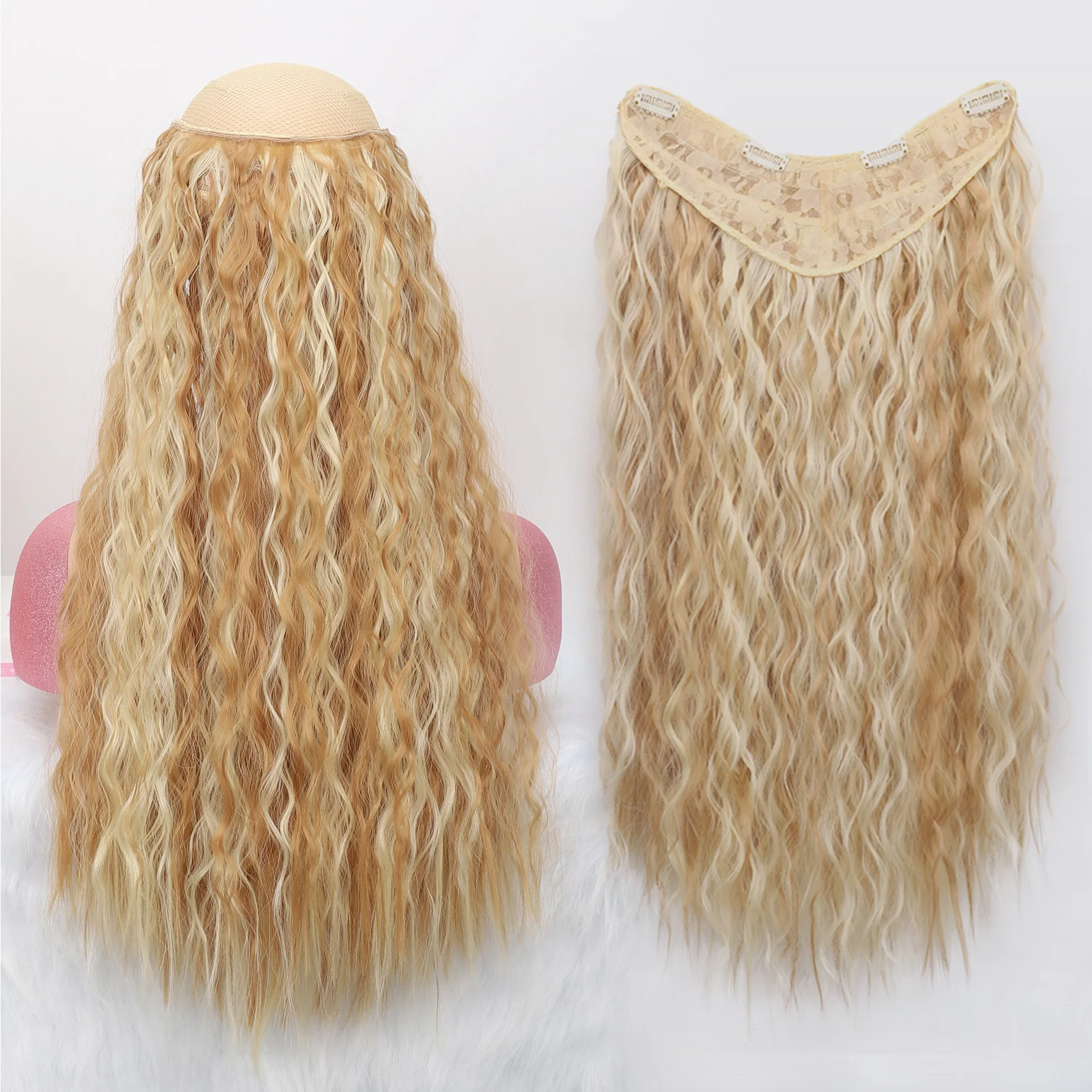 Women Synthetic V Shape Curly Hair Extension Piece U Part Wig Clip in One Piece Cosplay Daily Party Wig Heat Resistant Easy Wear