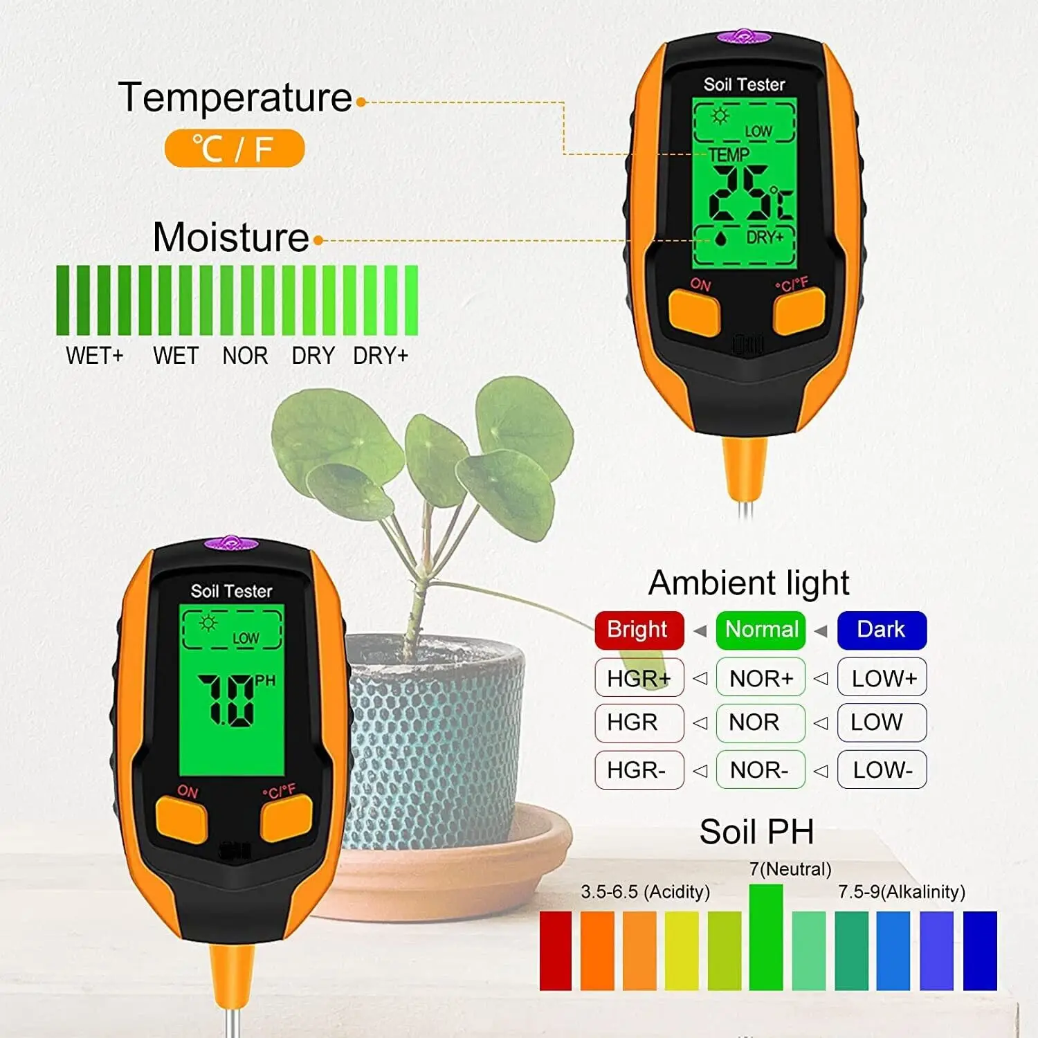 4 in 1 Soil Moisture Meter Digital Plant Temperature Soil Moisture PH Meter Sunlight Intensity Environment Humidity