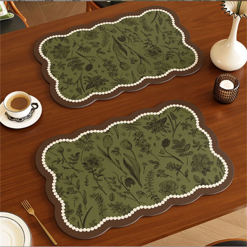 2PCS French Style Floral Leather Placemat 30x45CM Waterproof Oil Resistant Thermal Insulation Western Mat Home Use Hot Pad