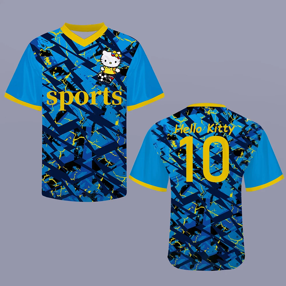 

New Hello Kitty print No.11 Printed T-Shirt For Women Summer V-Neck Short Sleeve Sports Football Jersey Y2K Loose Oversized