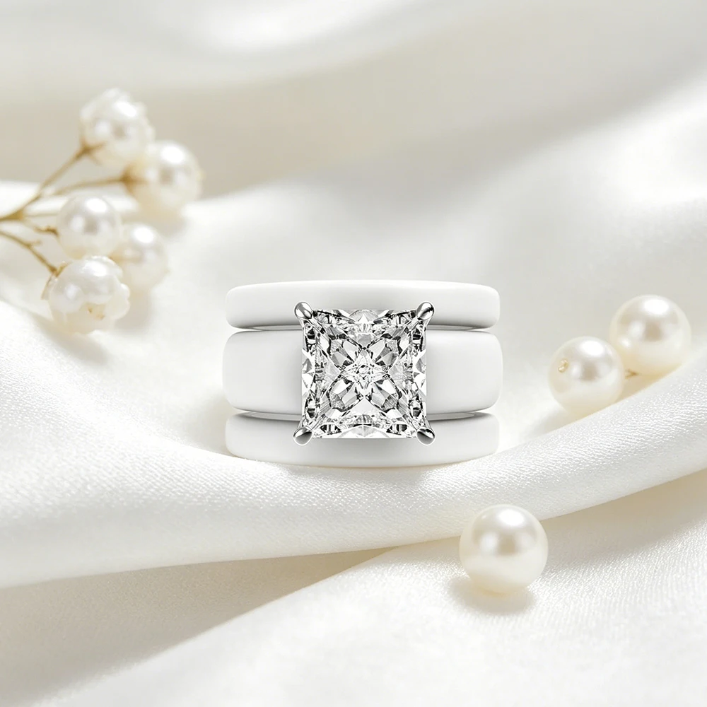 Princess Cut Cubic Zirconia Ring with 3-Layer White Ceramic Band, Modern Chunky Silver Plated Statement Ring, Bridal Promise Jew