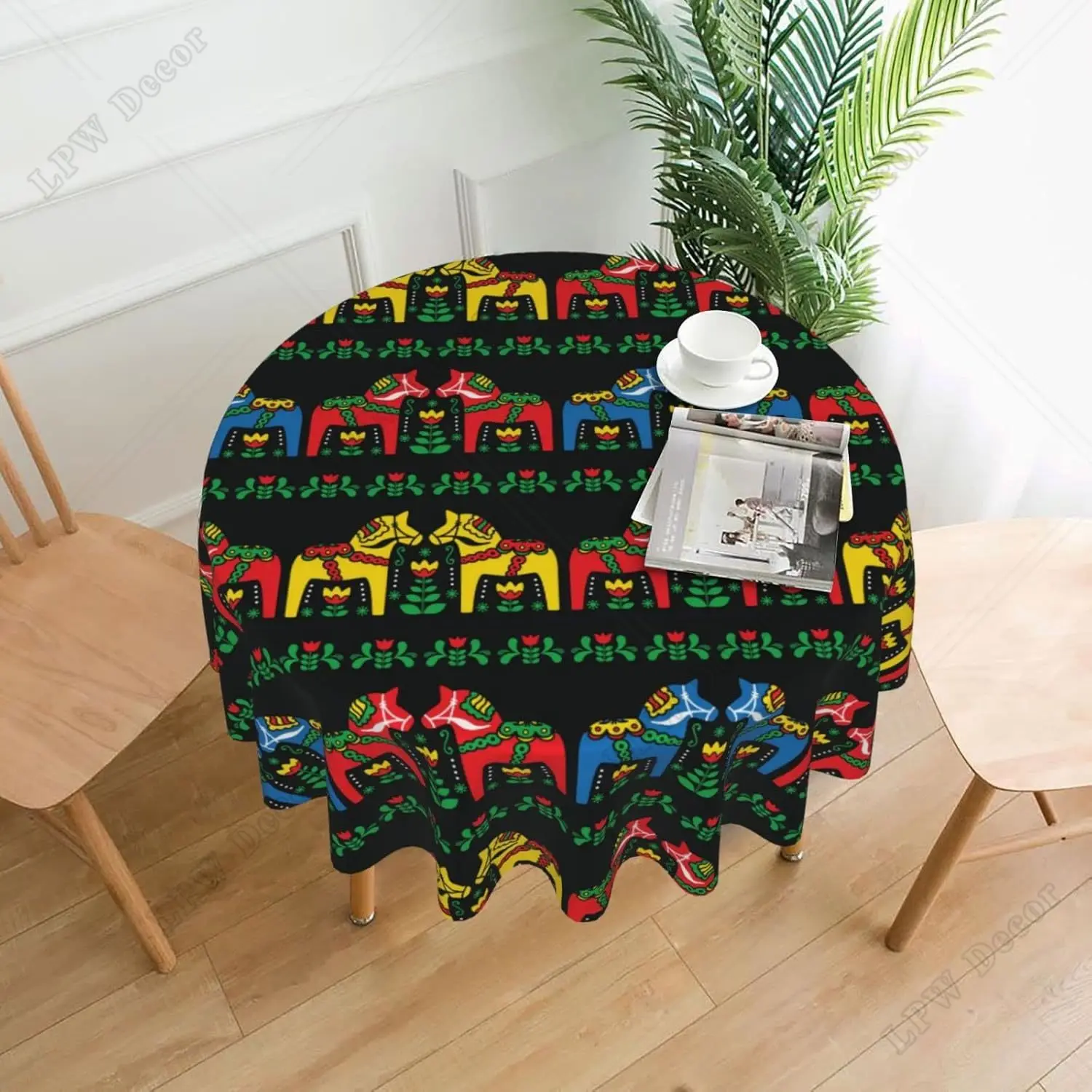 Dala Horse Folk Printed Round Tablecloth Waterproof and Wrinkle Resistant Polyester Tablecloth,60 Inches for Kitchen Dining