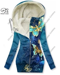 New 3D printing retro series floral and animal patterns plus velvet and warm women's long zipper sweatshirt casual winter L-2