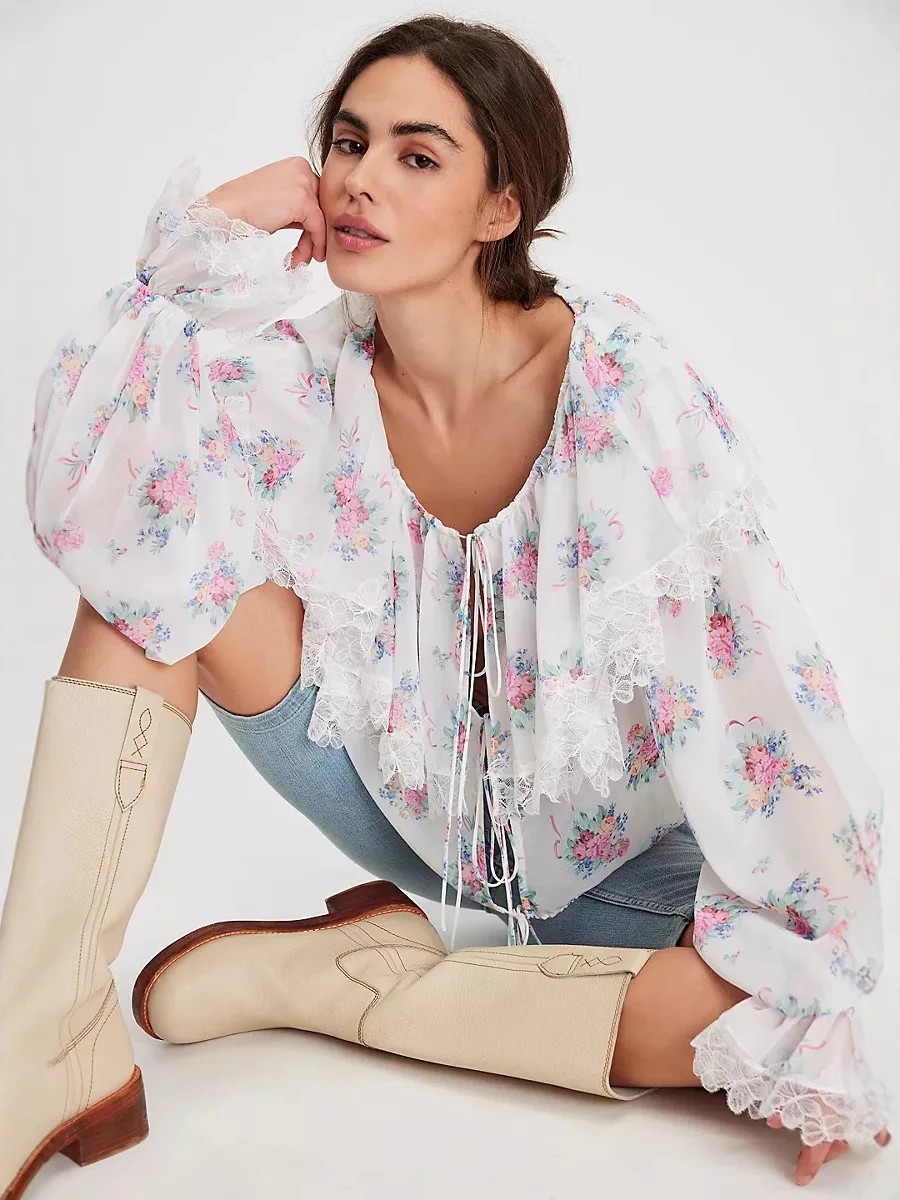 

2025 New Women‘s Print Shirt, Casual Oversize Loose Style, Floral Lace Chiffon Blouse