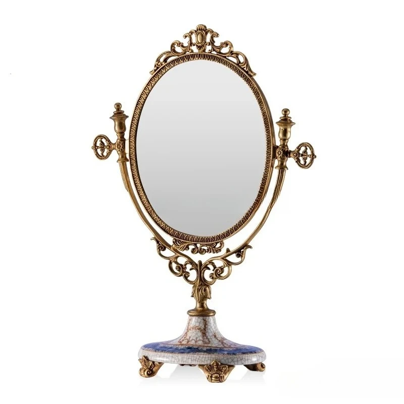 

French luxury desktop portable cosmetic mirror ceramic with copper advanced ornament decorative mirror