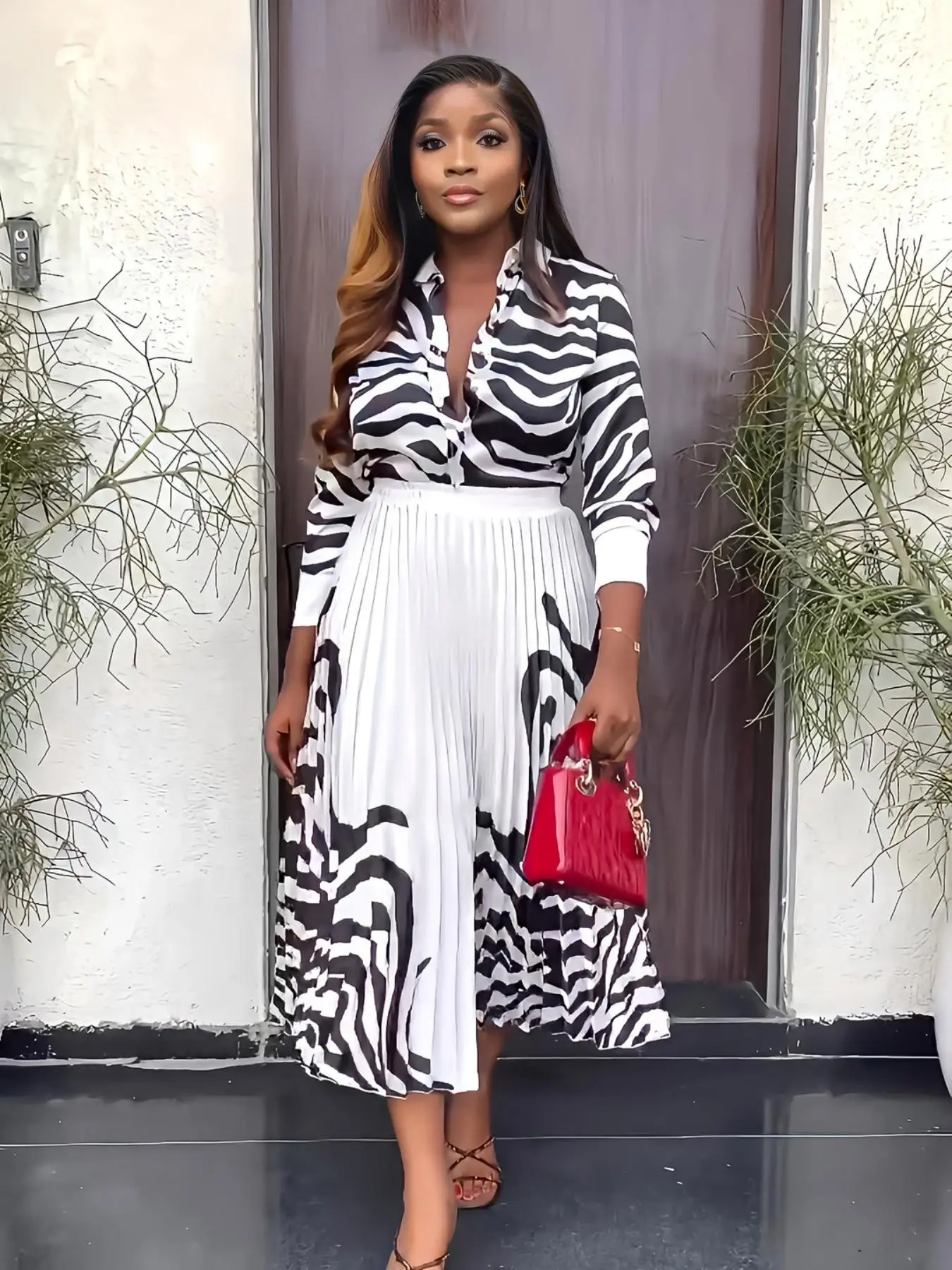 2026 AUTUMN NEW WOMEN'S SKIRT SET, ZEBRA PRINT LONG SLEEVE BLOUSE, CASUAL PLEATED MAXI SKIRT TWO-PIECE OUTFIT
