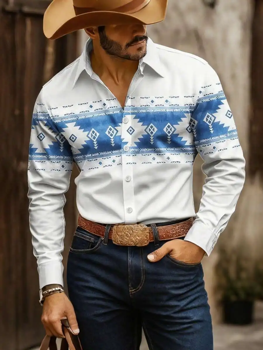 

Men's Long Sleeve Western-Style Shirt with Blue White Geometric Print, Turn-Down Collar, Casual Fit