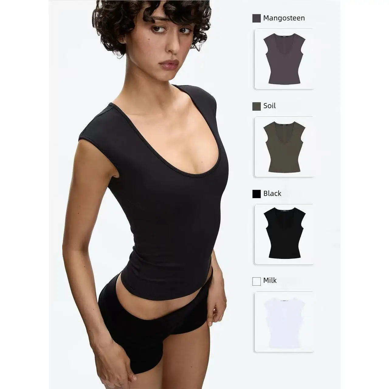 Tank Oval Collar Off-Shoulder Design Top Waist Slimming T-Shirt Casual White U-Neck Short-Sleeved T-Shirt Women's Slim