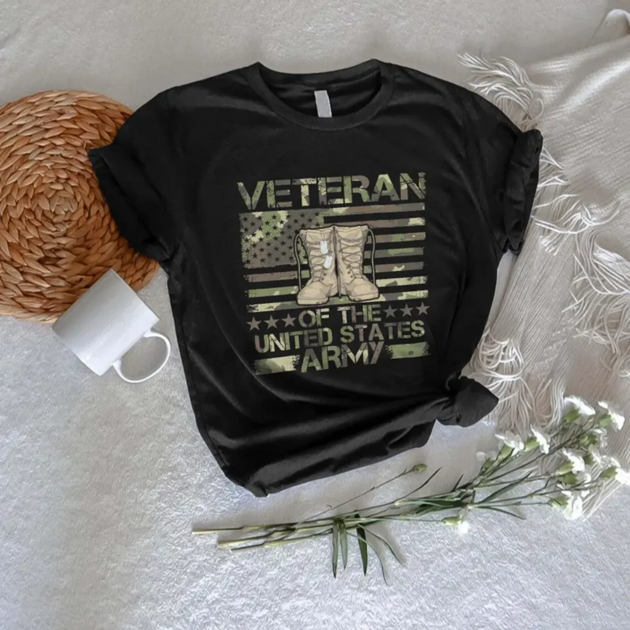 Unisex Veteran Military Boots Graphic T Shirt Casual Crew Neck Short Sleeve Army Style Tees Streetwear Daily Tops