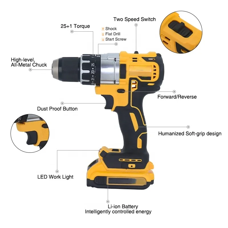 Electric Impact Drill 3 in 1 Cordless Lithium-Ion Battery Mini Electric Power Screwdriver Dual Speed Multifunctional Drill