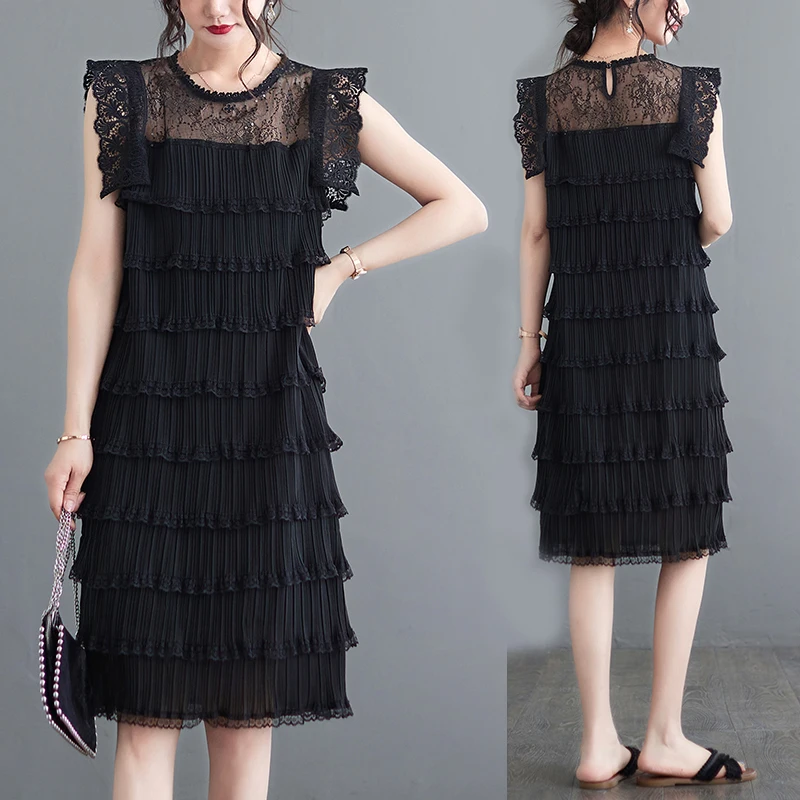 

Новая летняя женская юбка-плиссе из кружева больших размеров, свободного кроя, с круглым вырезом, в стиле «слэйкейк»