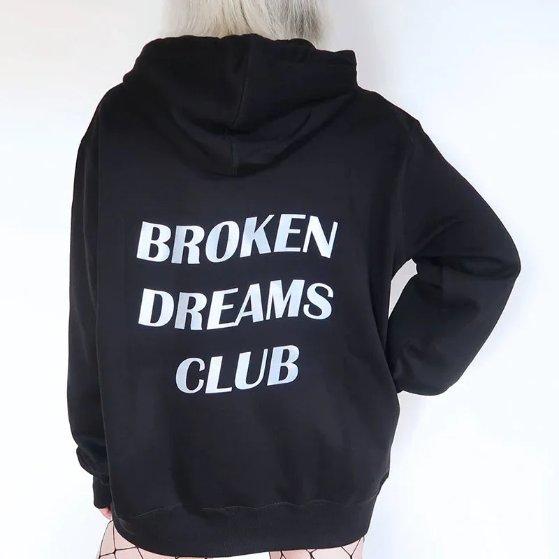 

2000s Grunge Goth Loose Hoodies Women Harajuku Broken Dreams Club Back Printed Korean Fashion Pullovers Dark Hell Cotton Tops