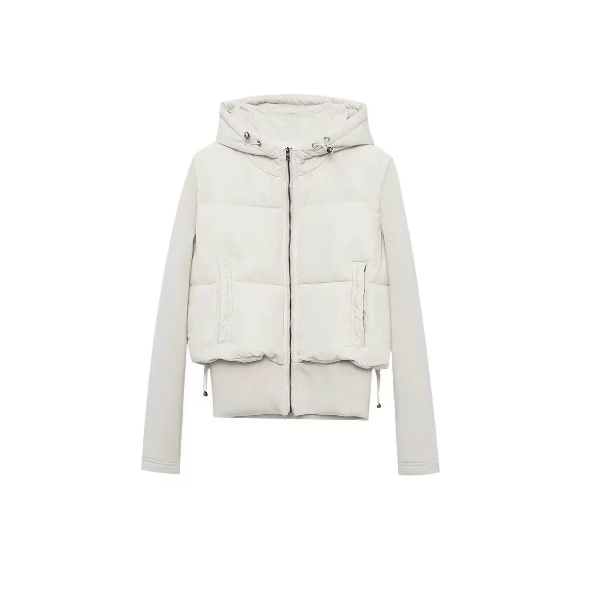 Women's Light Color Hooded Short Down Jacket Knit Sleeve Contrast Warm Casual Winter Outerwear 2026