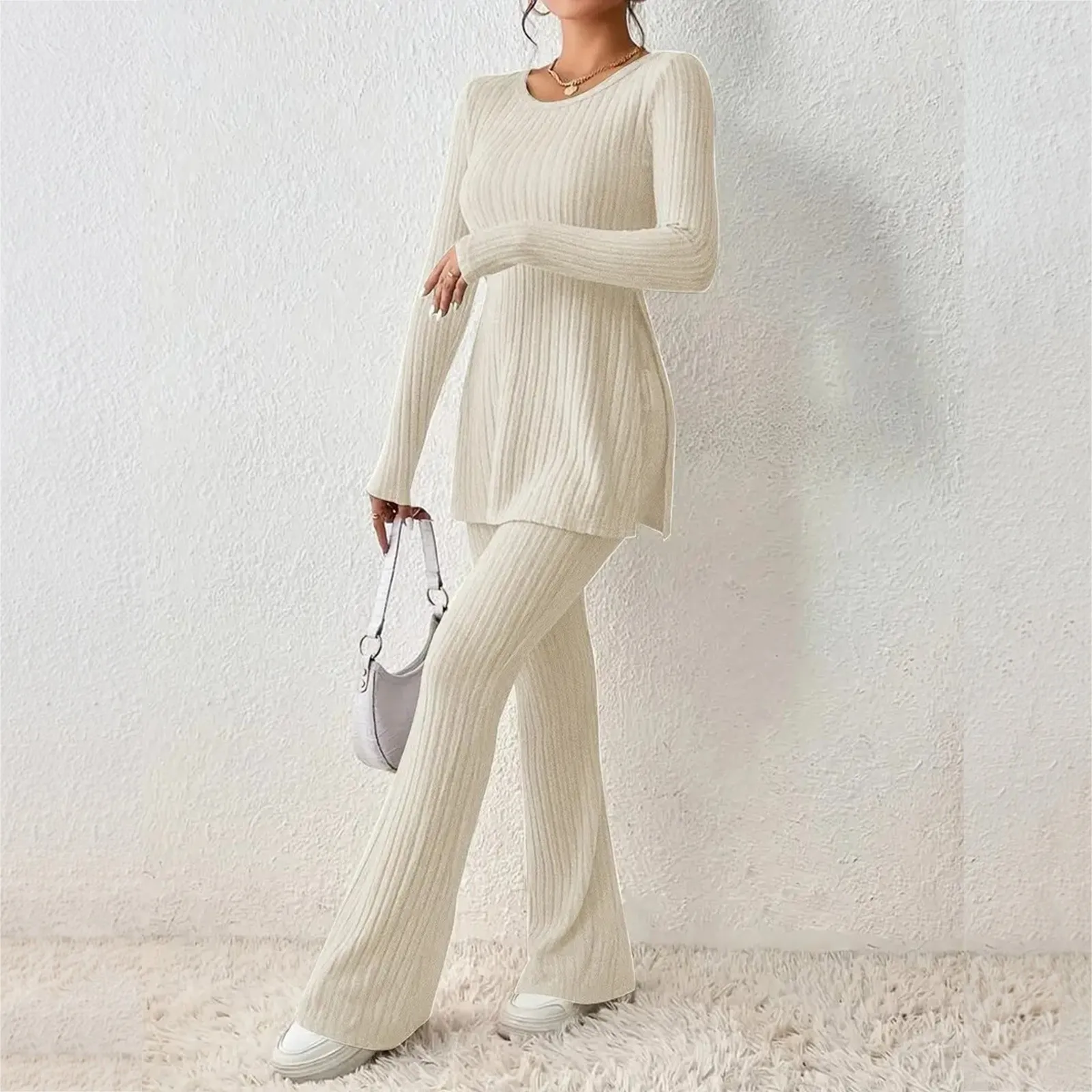 Women's Two Piece Knit Matching Outfits Crew Neck Slit Hem Tee And Pants Tracksuit Sets 2025 Spring New Solid Color Slim Trouser