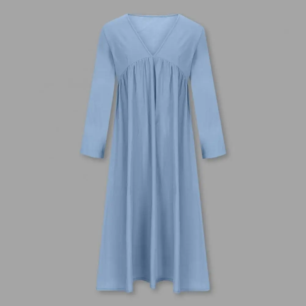 

Women Midi Dress Loose Fit V-neck Dress Elegant Pleated A-line Midi Dress with V Neck Long Sleeves for Women Solid for Fall