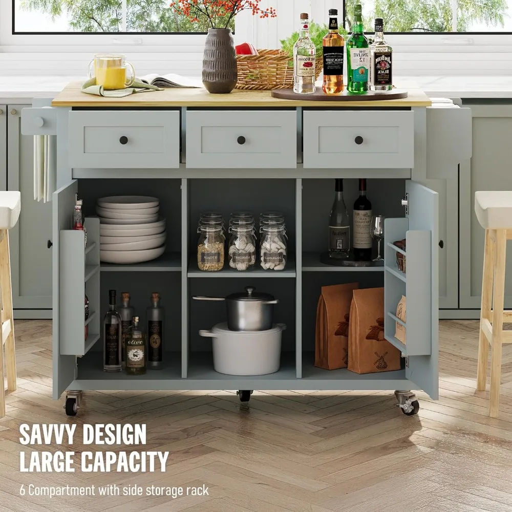 Mobile Kitchen Island on Wheels, Rolling Kitchen Island Cart with Drop Leaf,  Cabinet