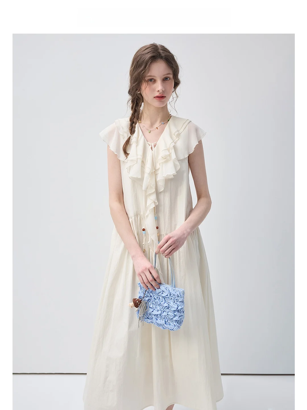 

Платье-жилет Jasmine Shadow VEGA CHANG Лето 2026, свободного кроя, с V-образным вырезом, кружевным подолом, А-образная юбка, городской стиль, мягкая ткань средней плотности