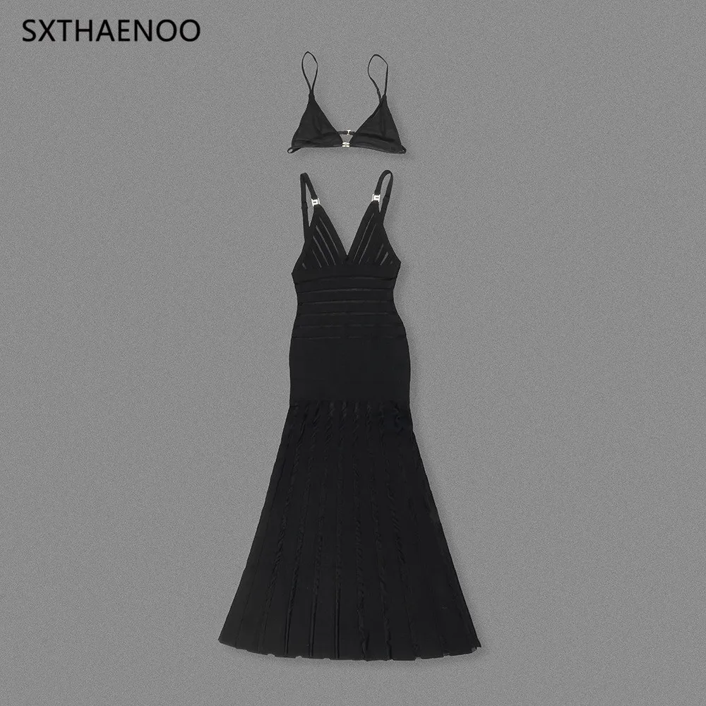 SXTHAENOO Moda sexy scollo a V profondo maglia trasparente patchwork fasciatura pista backless discoteca abito da festa lungo con reggiseno staccato2025
