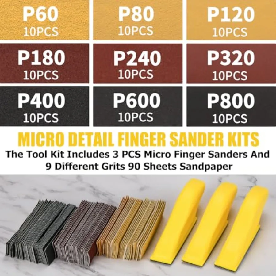 Mini Micro Gator Detail Sander 3 Pack with 90 Sheets 60 80 120 180 240 320 400 600 800 Grit Sandpaper Finger Sander for DIY Cra