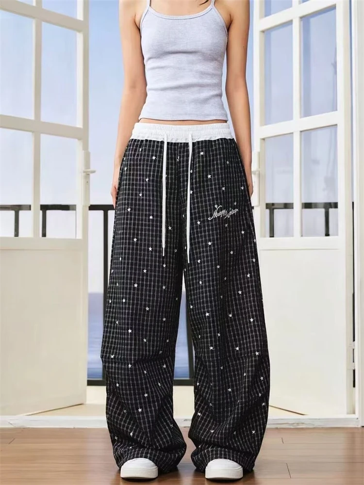 Women's Retro Checkered Pattern Casual Pants 90s High Waisted Sweatpants Retro Bottoms Female Wide Leg Trousers Women Clothing