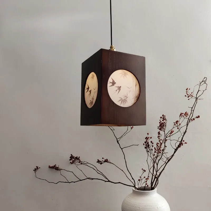 Retro Bamboo Rhyme Wooden Chandelier Rectangle Vintage Fabric Lampshade Study Bedroom Bedside Restaurant Kitchen Hanging Lamp