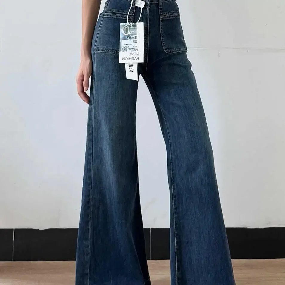 Women's Autumn Retro Micro-flared Jeans New Fashion Solid Color High-waisted Straight Wide Leg Pants, Loose Floor-length Jeans