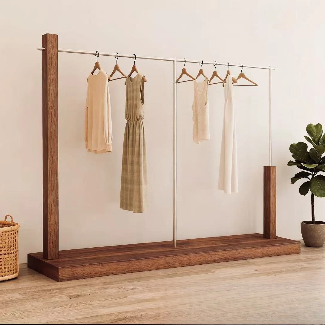 Thickened Display Rack for Clothing Stores: Stainless Steel Display with Walnut Color Floor-Standing Clothes Rack