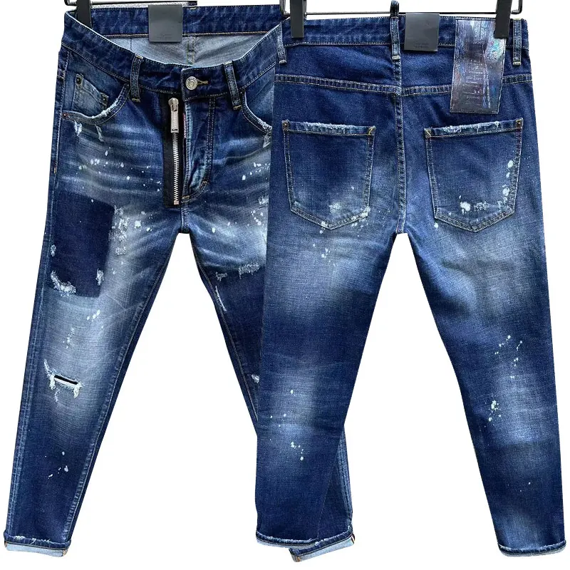 

Men's Wash worn holes patch paint embroidery hand stitched small feet blue jeans men pants DSQc003 pantalones jeans for men