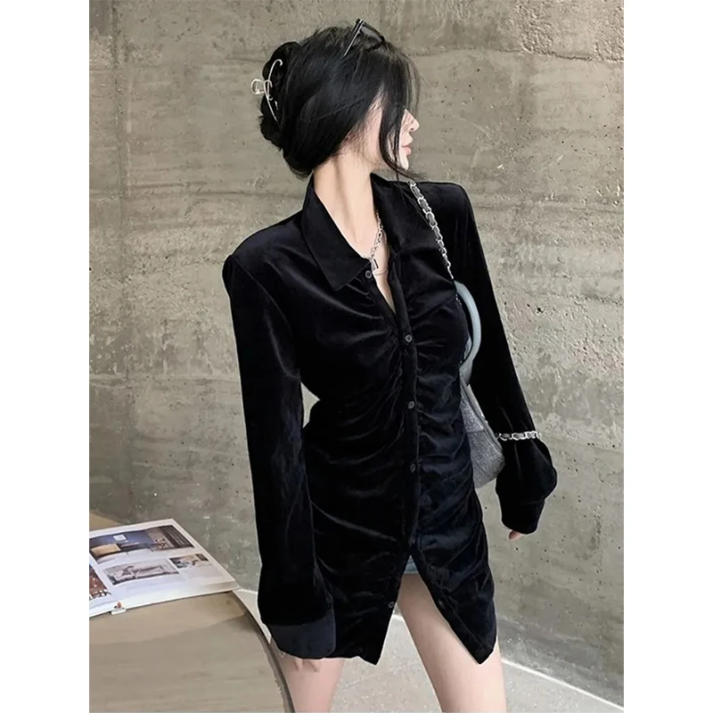 Vintage Black Velvet Shirts Women Elegant Pleated Blouses Korean Folds Turn Down Collar Long Sleeve Slim Chic Casual Tops New