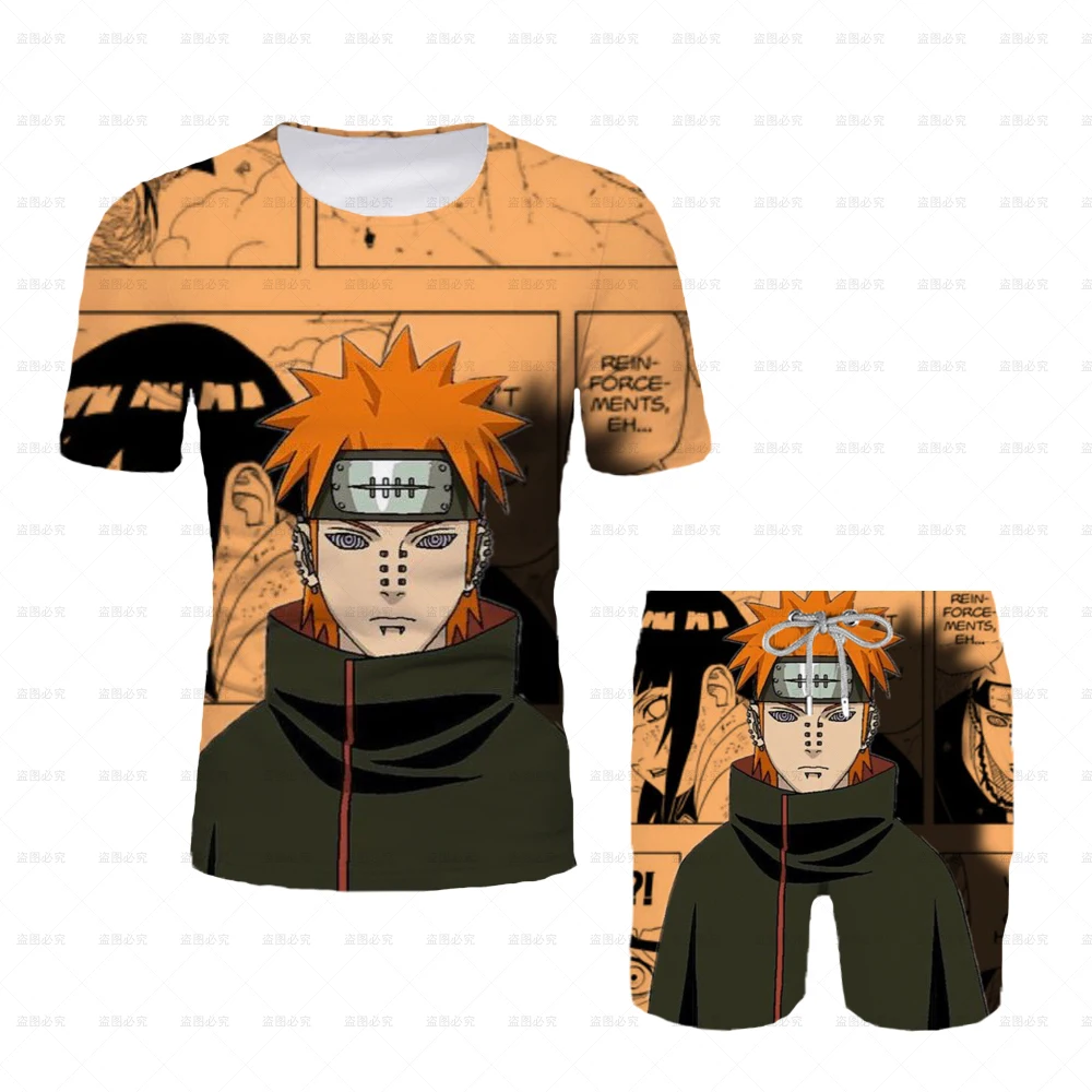 

New 2025 Japanese Cartoon Naruto T-shirt Adult Top T-shirt Shorts Two-piece Set Summer Boy Cartoon Cute T-shirt+beach Pants