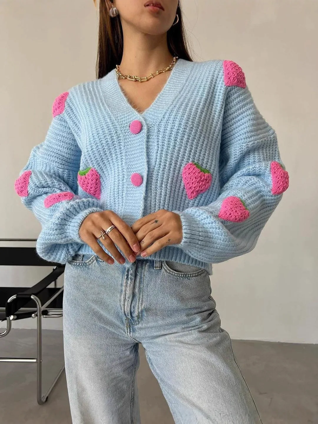 2026 Winter Women's Loose Sweet Strawberry Stickers Loose Fashion Button Cardigan Casual Solid Color Women's Cardigan