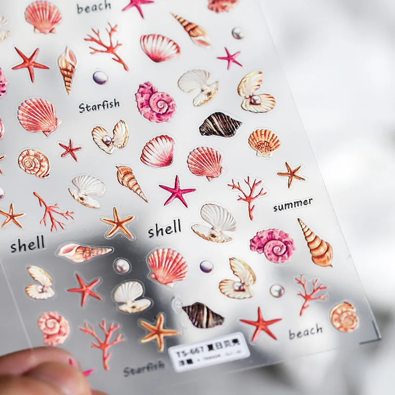 1 Sheet Sea Shell 5D Nail Sticker Beach Embossed Floral Reliefs Self-Adhesive Nail Sticker Decal Ocean Summer Shell Nail Slider