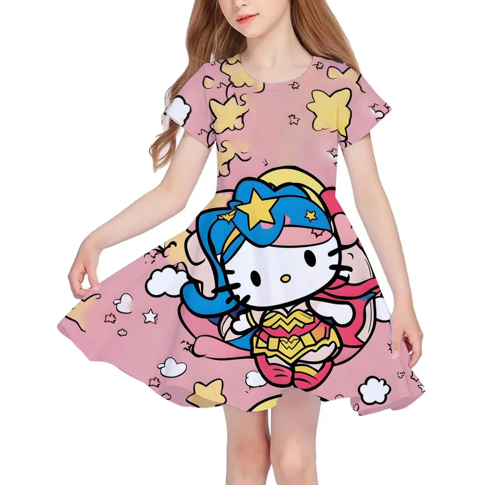 

Popular Miniso Summer Children's New Fashion Girl Dress Comfortable Home Outdoor Cartoon Cute Hello Kitty Dress 3D Print Red Ser