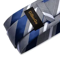 Luxury Blue Striped Polyester Ties for Men 8cm Width Wedding Business Prom Necktie Pocket Square Cufflinks Gift Men Accessories 4