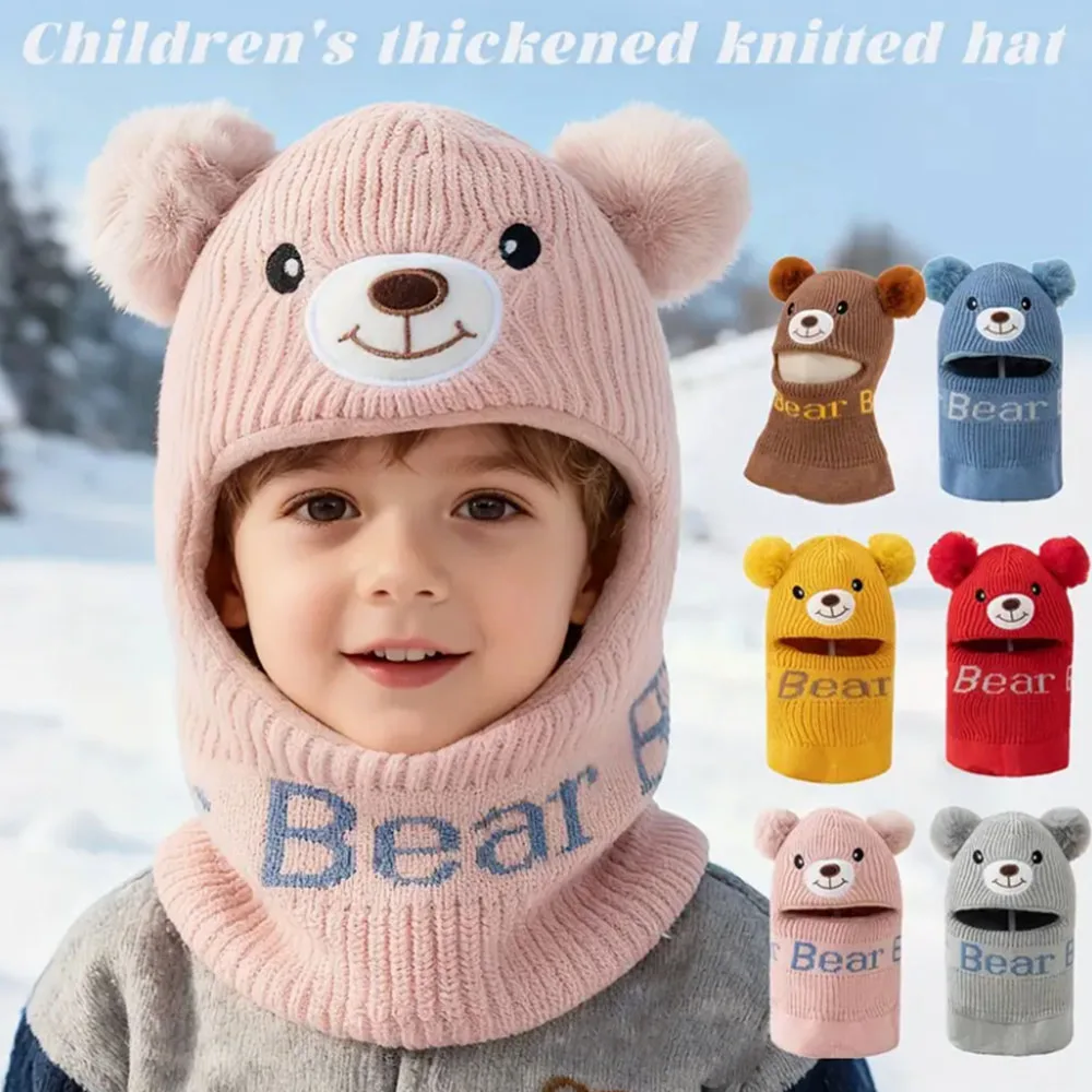 1–8 Jahre bärenförmige Wintermütze für Kinder – verdickte Sturmhaube mit bezaubernder Bommel-Dekoration, leicht und dehnbar