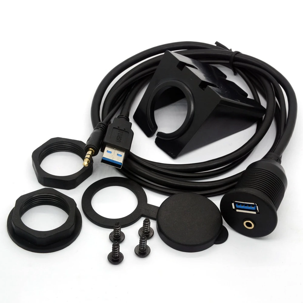 Dashboard USB 3.0 2.0+3.5mm Jack Male to Female Extension Cable Flush Mount Panel Aluminum Alloy with indicator light