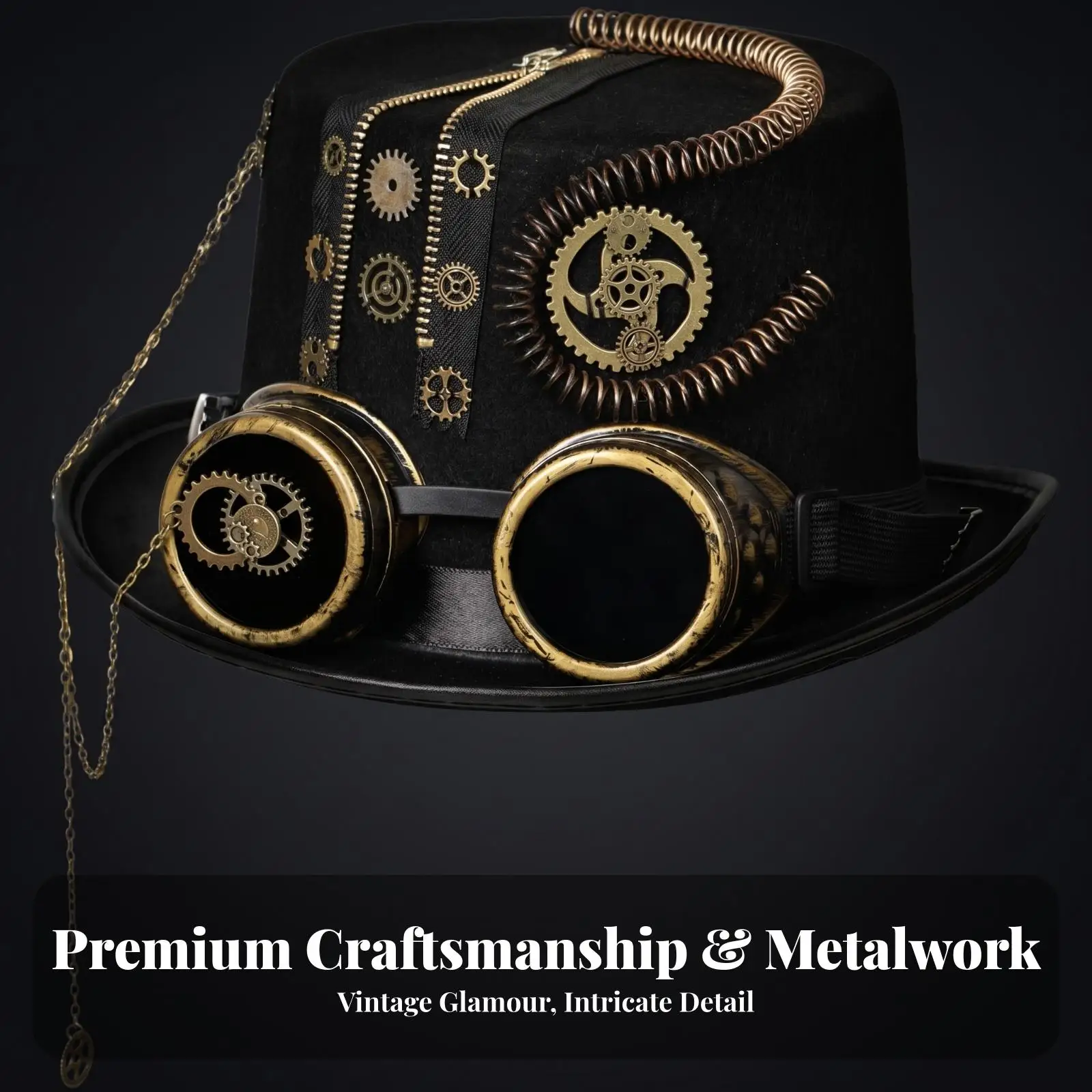 Steampunk Felt Top Hat with Brass Goggles and Spring Coils for Cosplay Halloween Party Industrial Costume