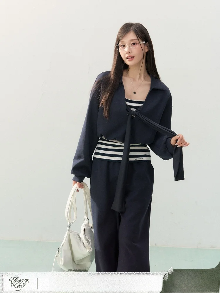 

ELEVEN SP Весенний женский комплект: полосатый топ-бандо и свободные брюки с V-образным вырезом, модный повседневный рабочий костюм, дышащий, легкий