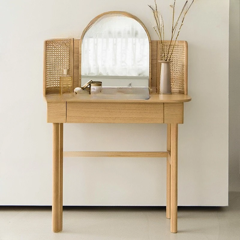 

Retro rattan dresser log small apartment multi-functional makeup mirror solid wood