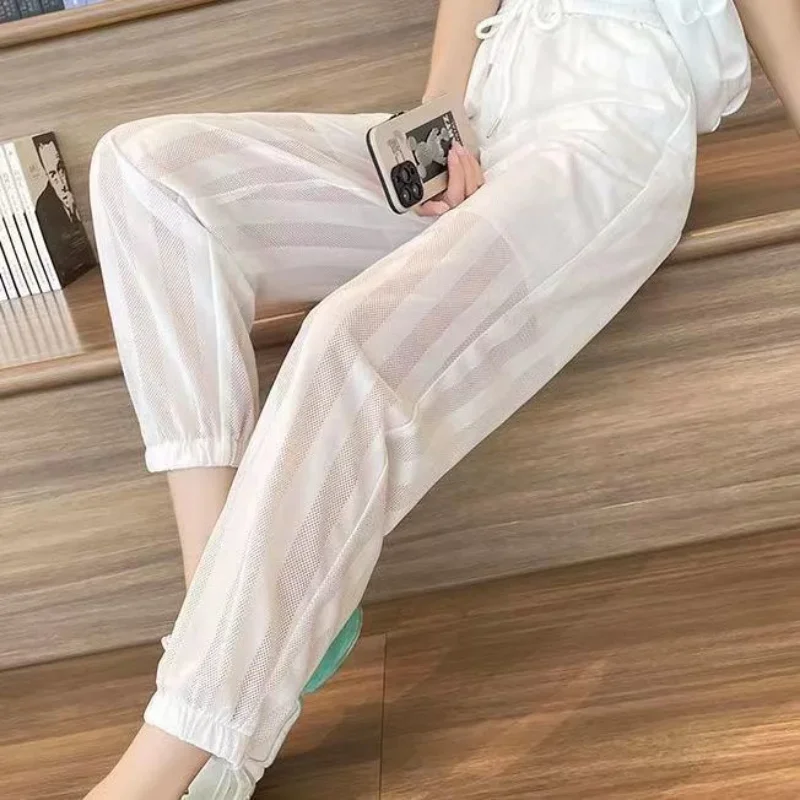 

White Stripe Clothing Black Elastic Waist Women's Pants Harem Trousers for Woman G Vintage Cotton Korean Fashion High Quality