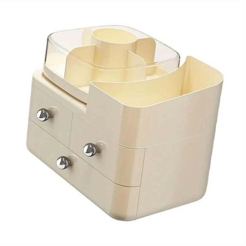 Elegant 360° Rotating Storage Box ，ABS Plastic, Multi-Compartment, Space-Saving Design for Cosmetics, Brushes & Office Supplies