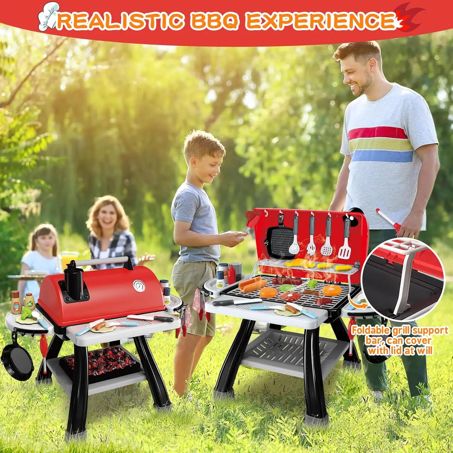 Ensemble de jeu de cuisine barbecue grill pour enfants, fumée, son et lumière, semblant de jouer, jouets alimentaires, ensemble de cuisine, jouet d'extérieur à 2 couches