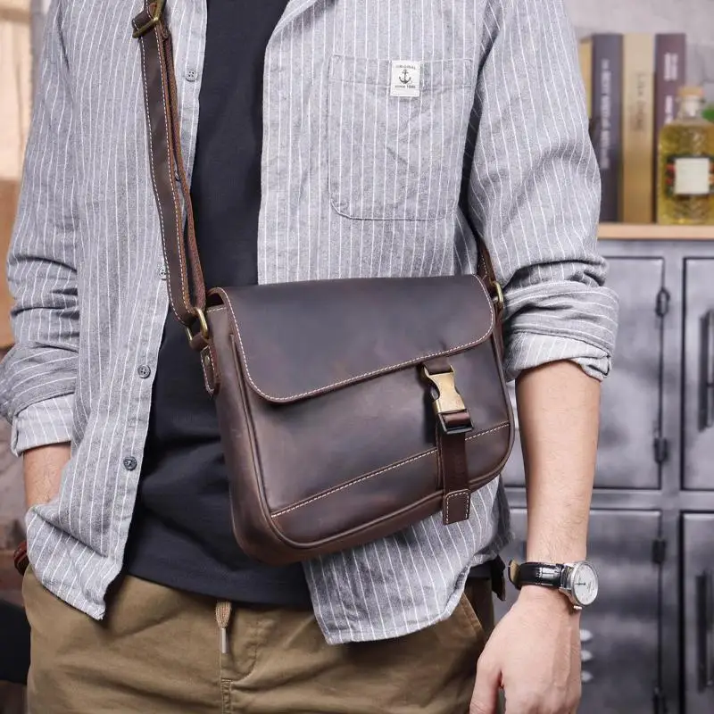 PNDME, bolso cruzado de piel de vaca de Caballo Loco hecho a mano de diseñador vintage para hombre, bandolera de hombro de cuero genuino de lujo informal