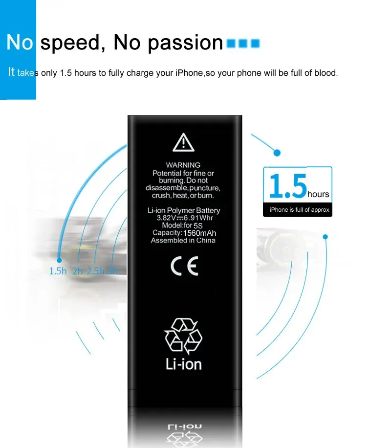 Batería XDOU para iPhone 5S 5GS iPhone5S iPhone5GS 1560mAh accesorio de teléfono kit de herramientas de reparación gratis pegatina repuesto 3