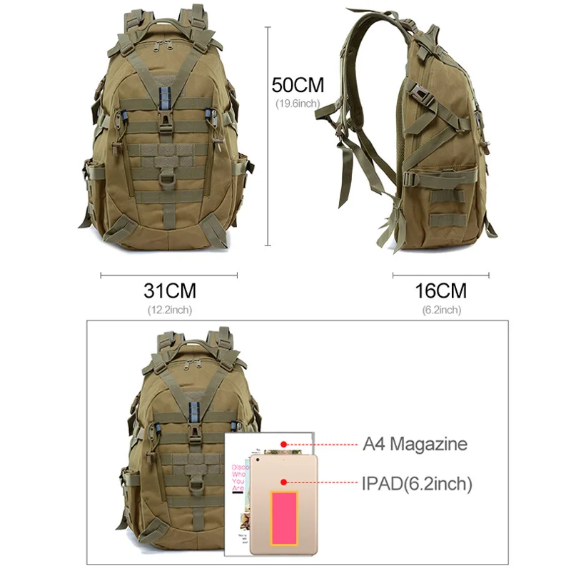 40L Tactical Backpack for Men Camping Hiking Backpacks Reflective 3D Outdoor Travel Bags Molle 3P Climbing Rucksack Shoulder Bag