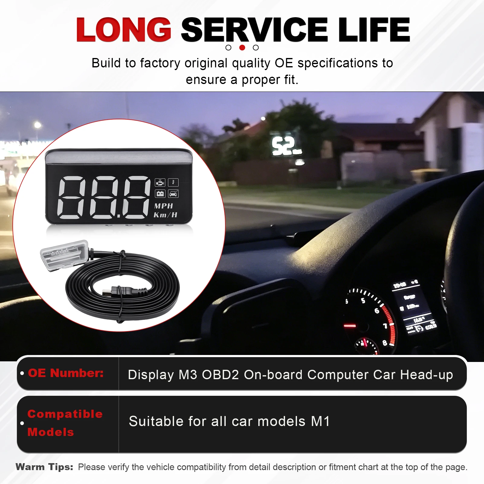 Car Head-up Display HUD M3 Obd2 Display on-board Computer Windshield Big Font Projection E-OBD and M1 GPS Suitable for All Cars