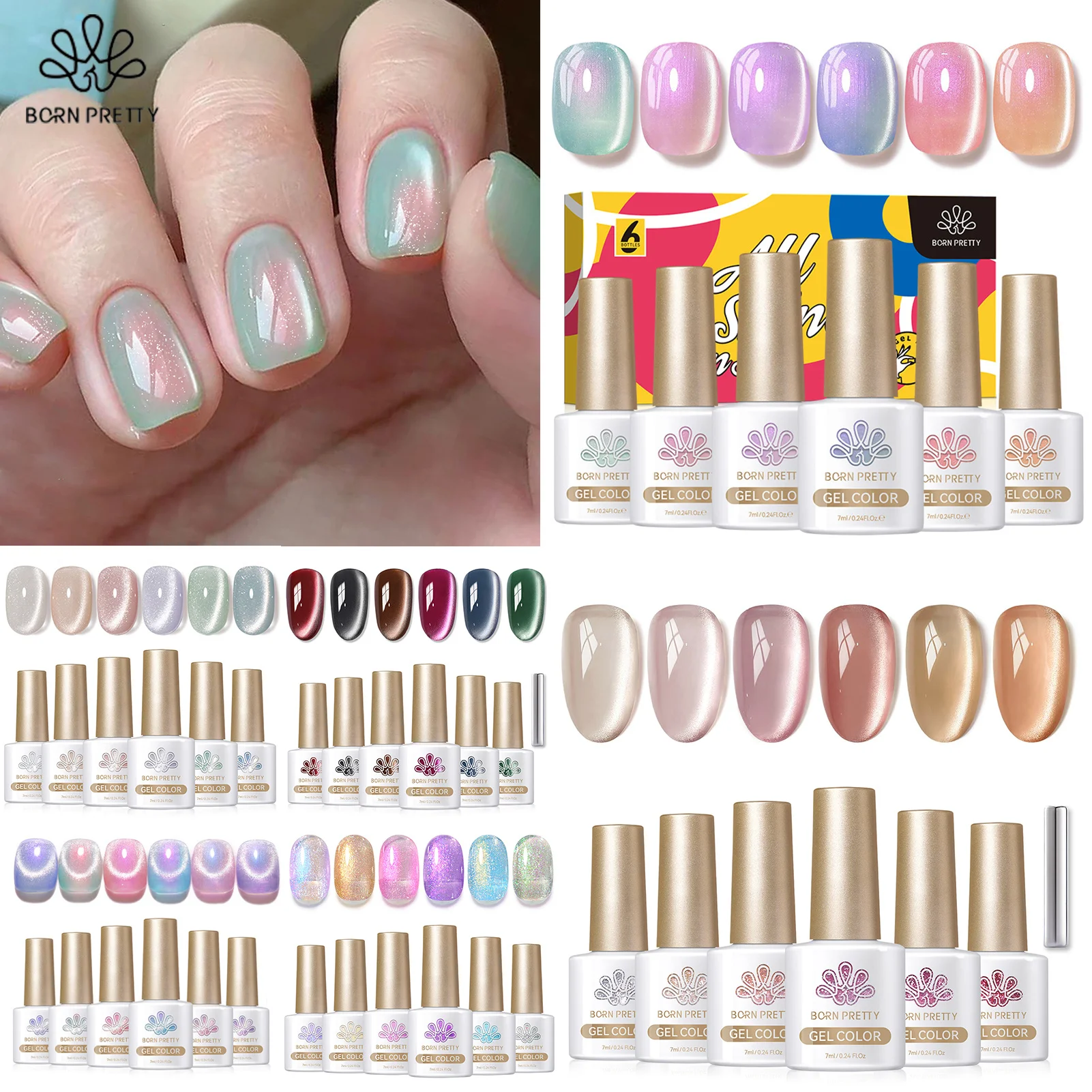 

BORN PRETTY 6 Bottle 7ml Coral Sea Aurora Cat Magnetic Gel Iltra Shine Sparkling Glitter Shell Soak Off UV Gel Nail Art Varnish
