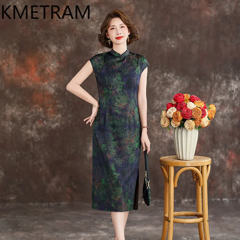 KMETRAM 92% Mulberry Silk Middle-aged Dress Woman 2026 Summer New Chinese-style Short-sleeved Stand Collar Cheongsam Ropa Mujer