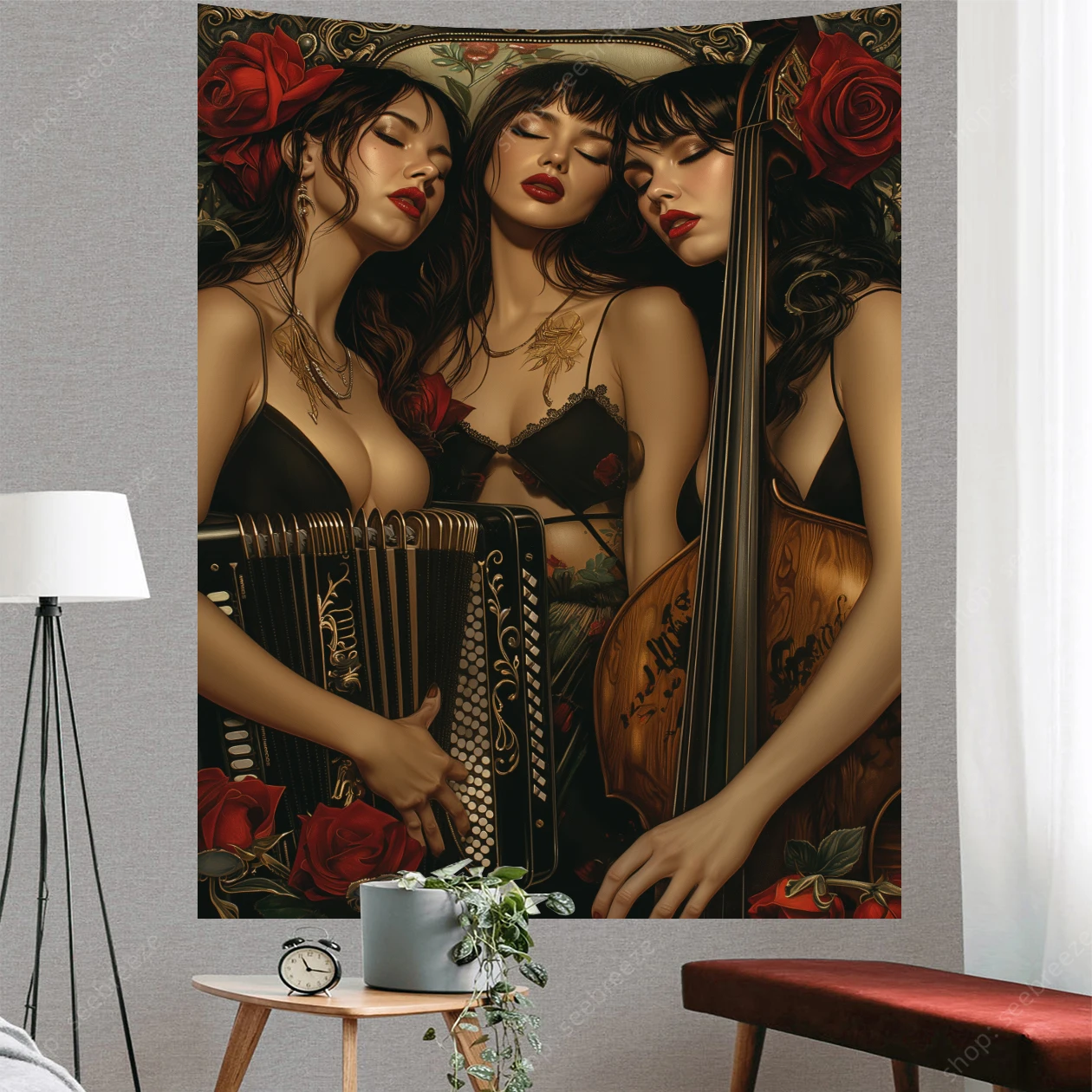 Three Beautiful Women Plays Accordion Electric Guitar Tapestry Wall Hanging for Aesthetic Room Decor Boho Home Wall Decoration